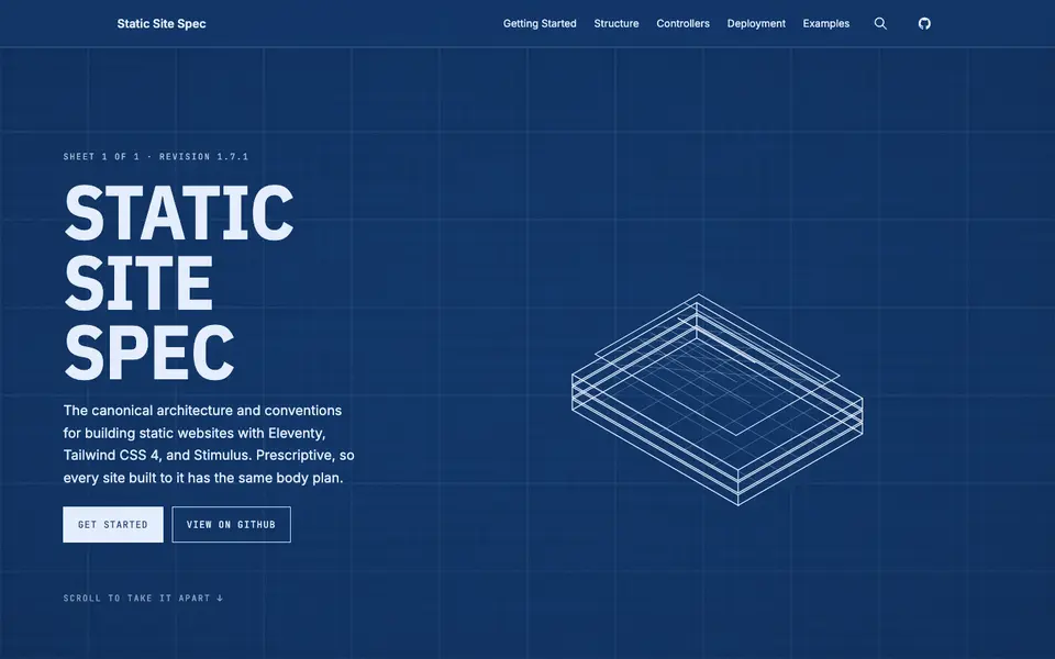 The handbook I build every site from, drawn as a technical drawing that comes apart as you scroll.