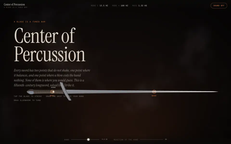 A fifteenth-century longsword you can grip, strike, and hear, solved live from the physics of a vibrating beam.