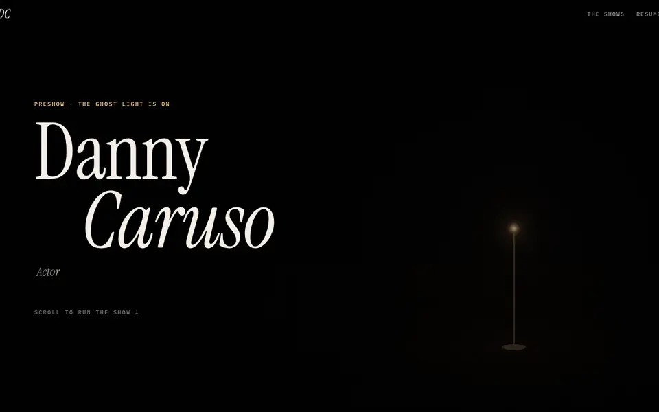 My son's actor site: a dark stage where each play he has been in comes up as a lighting cue.
